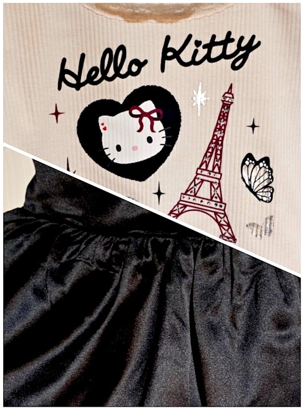 NWT Girls Size 4T Outfit: Hello Kitty Paris Top & Black Satin Bubble Skirt